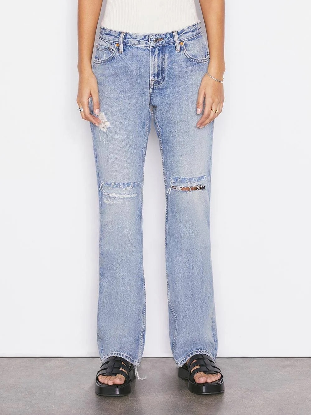 Frame Denim Low Boot Jeans in Spears Distressed Low Rise Denim Straight Leg